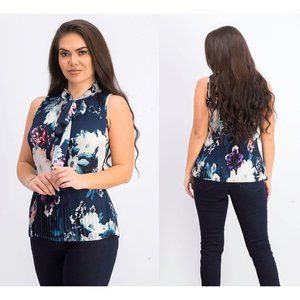 NEW DKNY Floral Tie-Neck Sleeveless Pleated Top